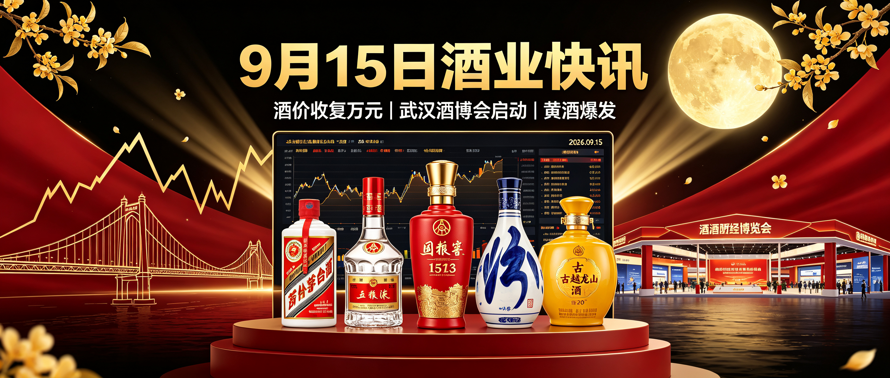 9月15日：酒价两连升收复万元！武汉酒博会今日召开发布会，会稽山飙涨停黄酒爆发，五粮液五连跌创30天新低