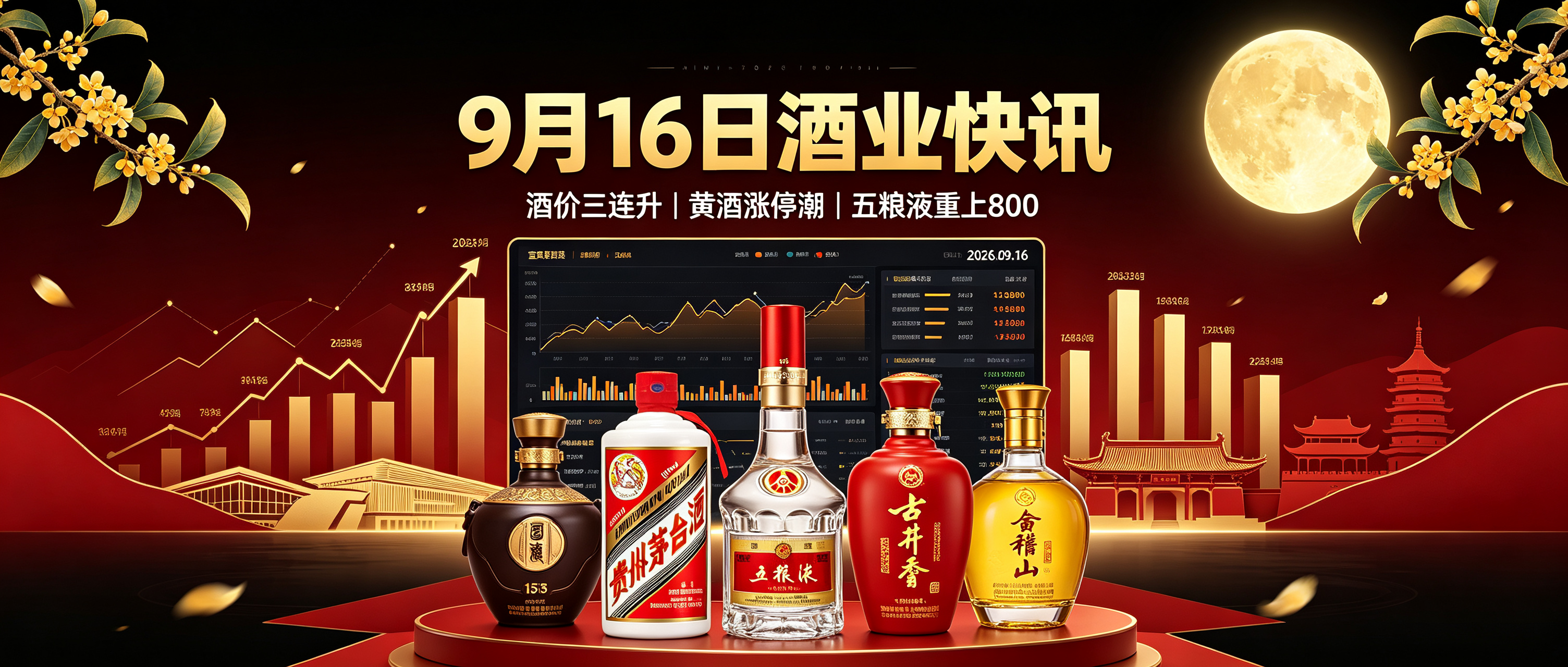 9月16日：酒价三连升破万元9天新高！飞天涨4元精品涨8元，五粮液终结五连涨破800，黄酒板块集体涨停爆发