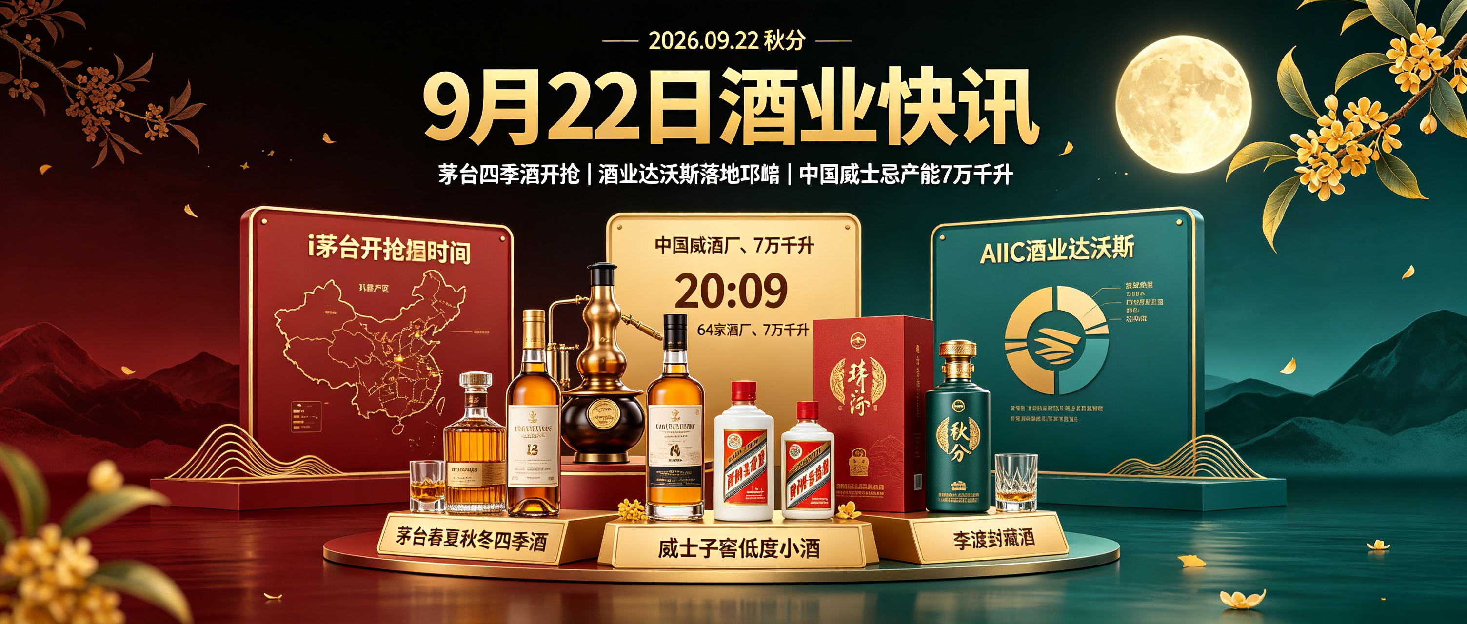 9月22日：茅台春夏秋冬四季酒今晚i茅台开抢！酒业达沃斯9.29落地邛崃，中国威士忌产能7万千升，口子窖低度小酒破圈
