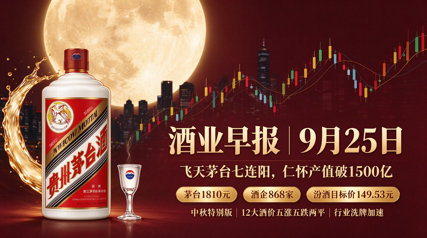 9月25日（中秋节）：飞天茅台七连阳迭创月新高！仁怀酒企从1925家砍到868家产值反破1500亿，东方证券149.53元目标价力挺汾酒