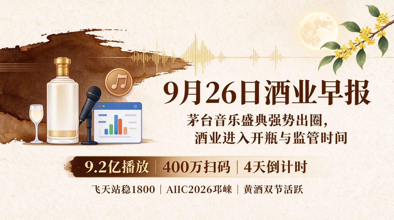 9月26日：茅台总冠名微博音乐盛典播放破9.2亿！飞天站稳1800元，洋河中秋扫码超400万人次，一品一码倒计时4天