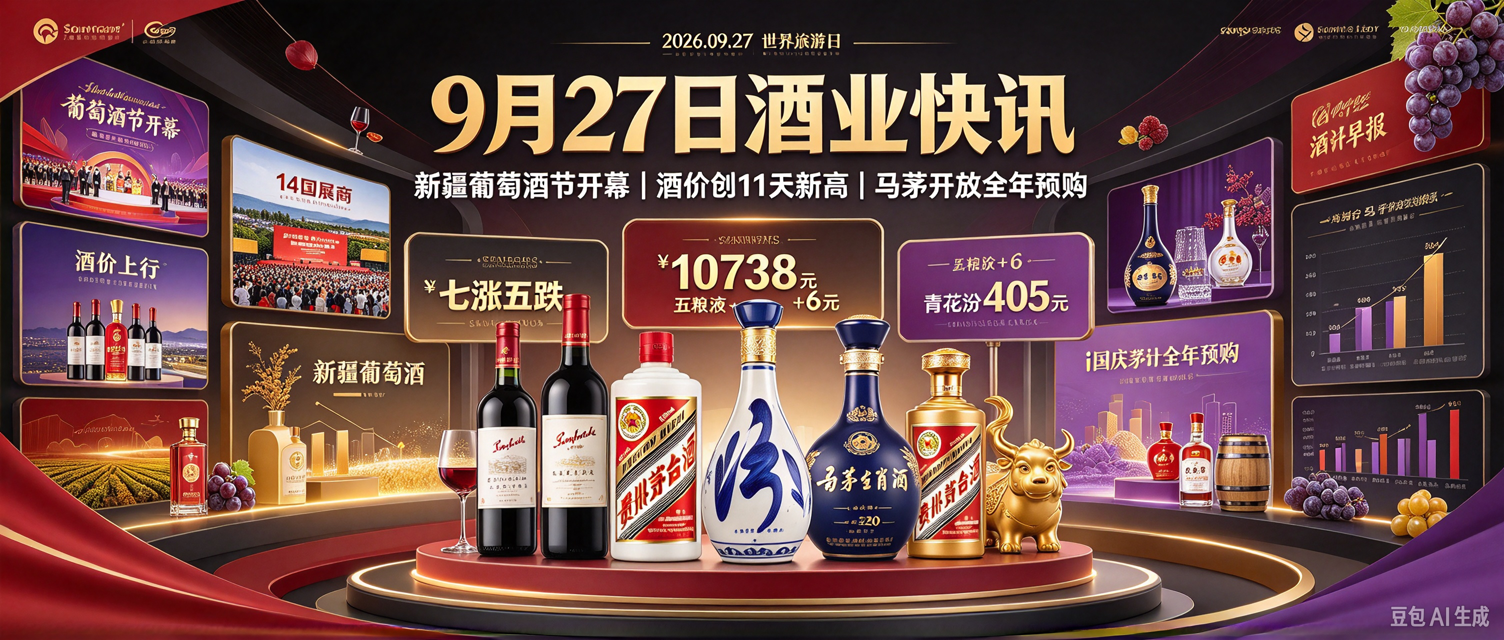 9月27日：新疆葡萄酒节今日开幕14国展商齐聚！酒价七涨五跌创11天新高，五粮液大涨6元，i茅台马茅开放全年预购