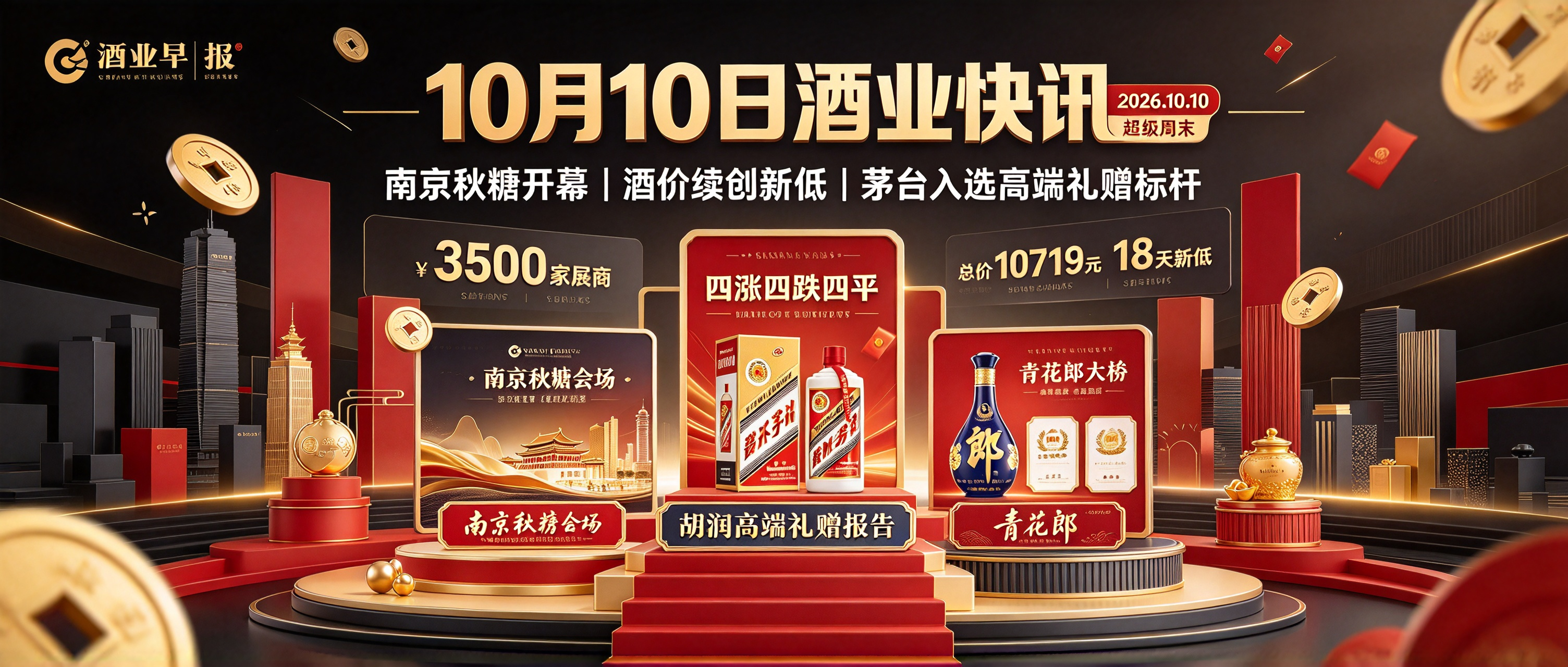 10月10日：南京秋糖今日开幕3500家展商！酒价四涨四跌创18天新低，胡润报告茅台入选高端礼赠标杆，青花郎大涨6元