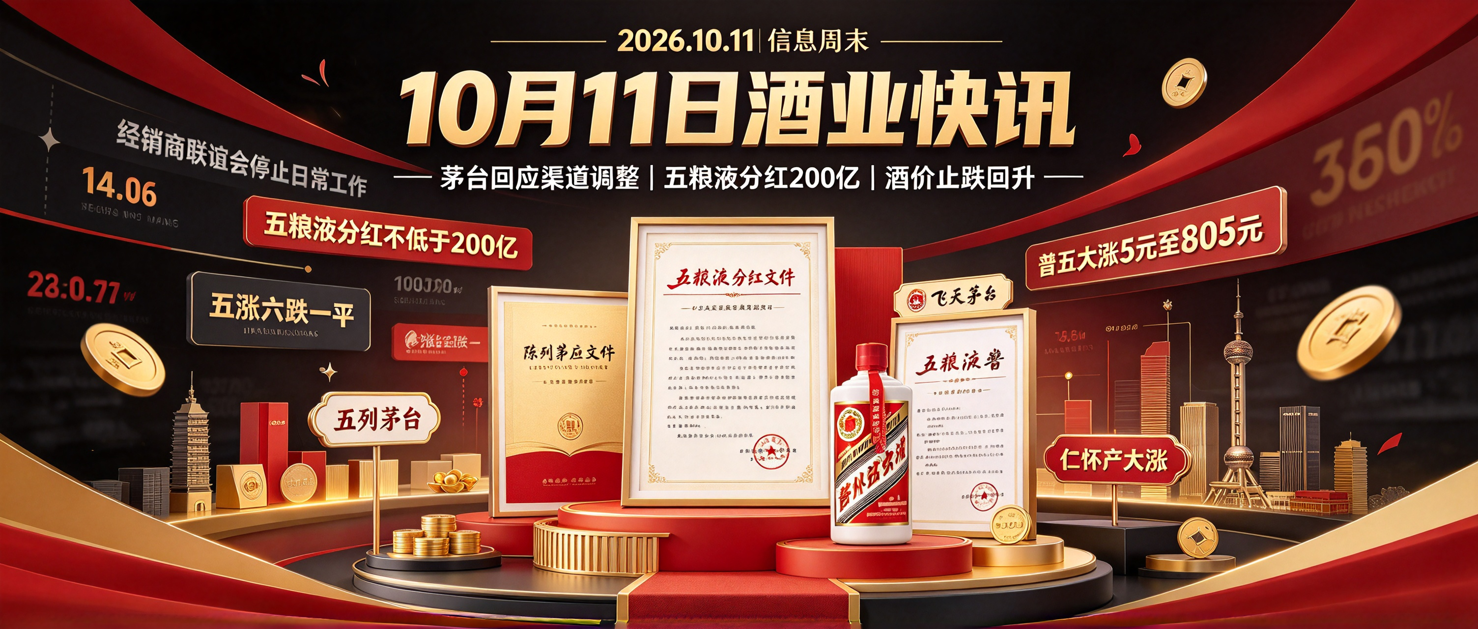 10月11日：茅台回应经销商联谊会"批量解散"！五粮液2026分红不低于200亿，酒价止跌回升普五大涨5元