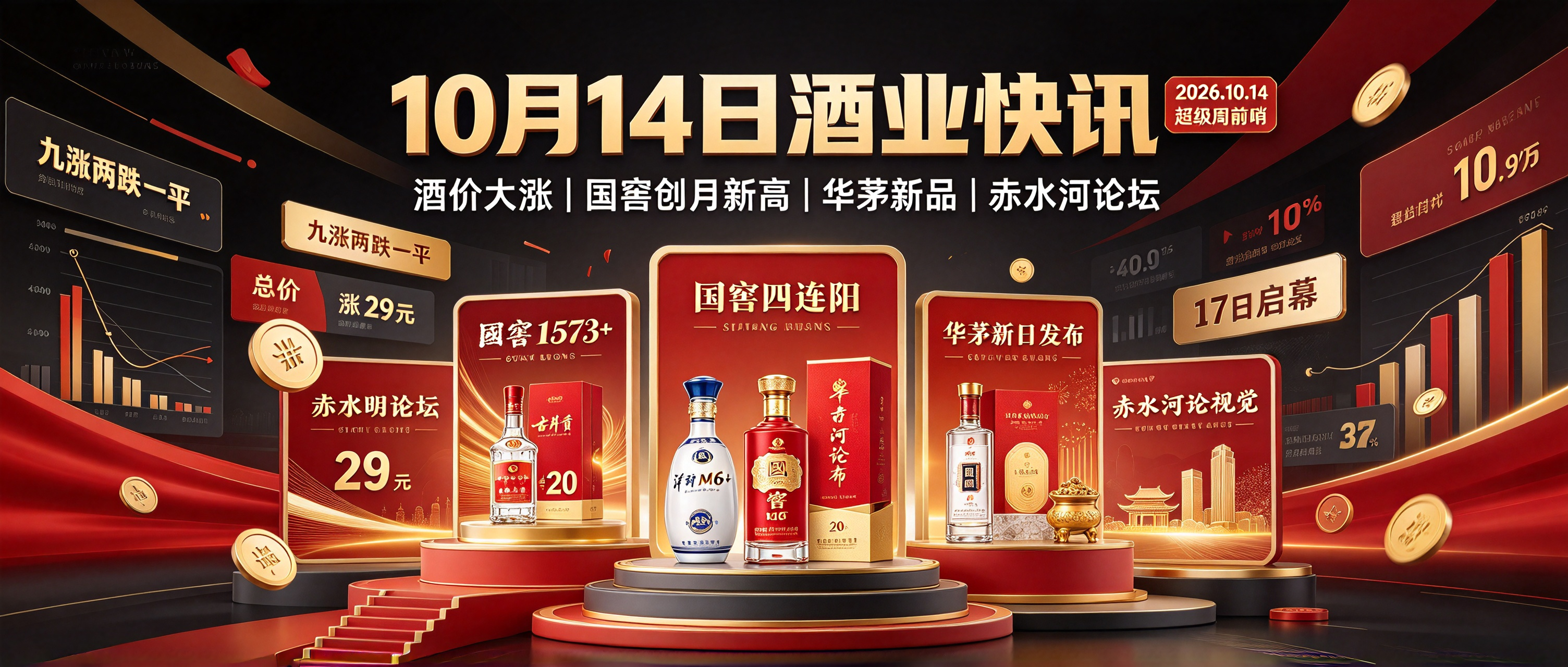 10月14日：酒价九涨两跌大涨29元创7天新高！国窖1573四连阳创月新高，华茅新品明日贵阳发布转自营，赤水河论坛17日茅台镇启幕