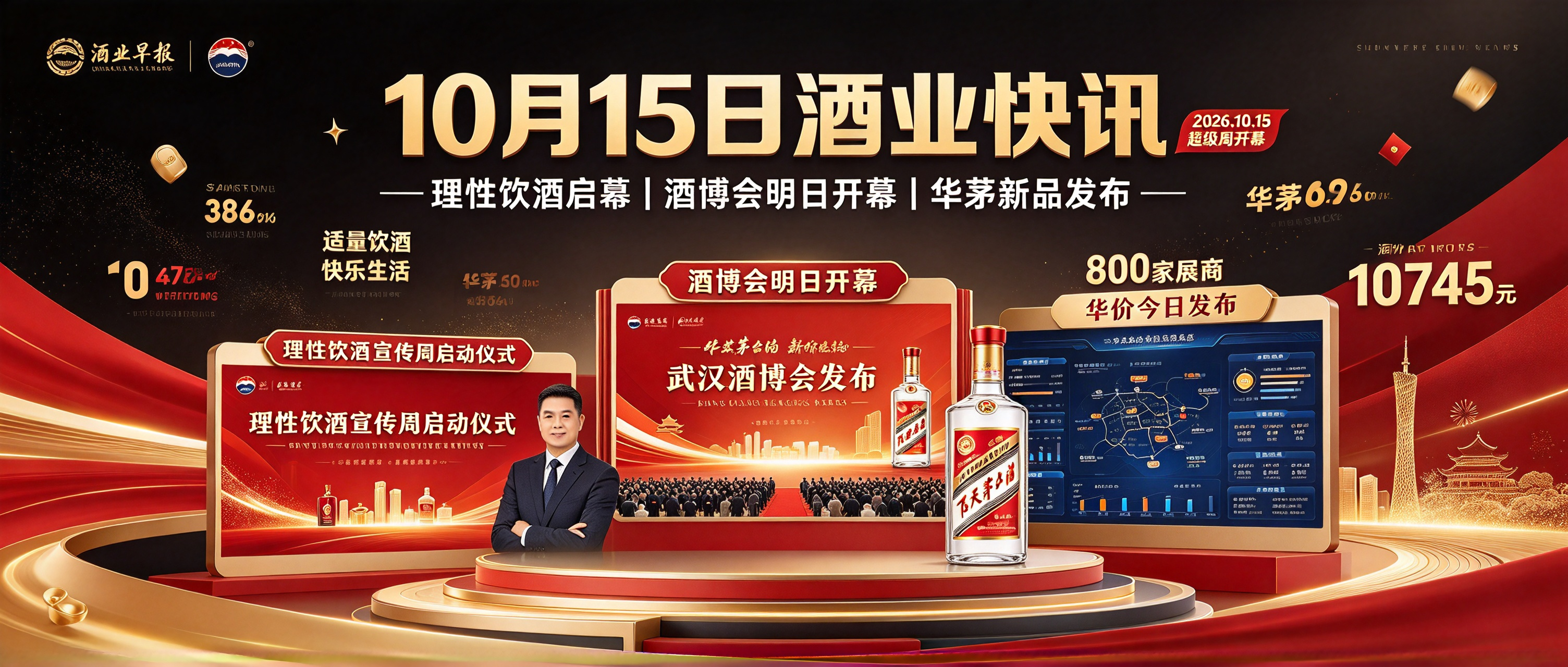 10月15日：理性饮酒宣传周今日武汉启幕！酒博会明日开幕800家展商齐聚，华茅新品今日贵阳发布，酒价跌19元至10745