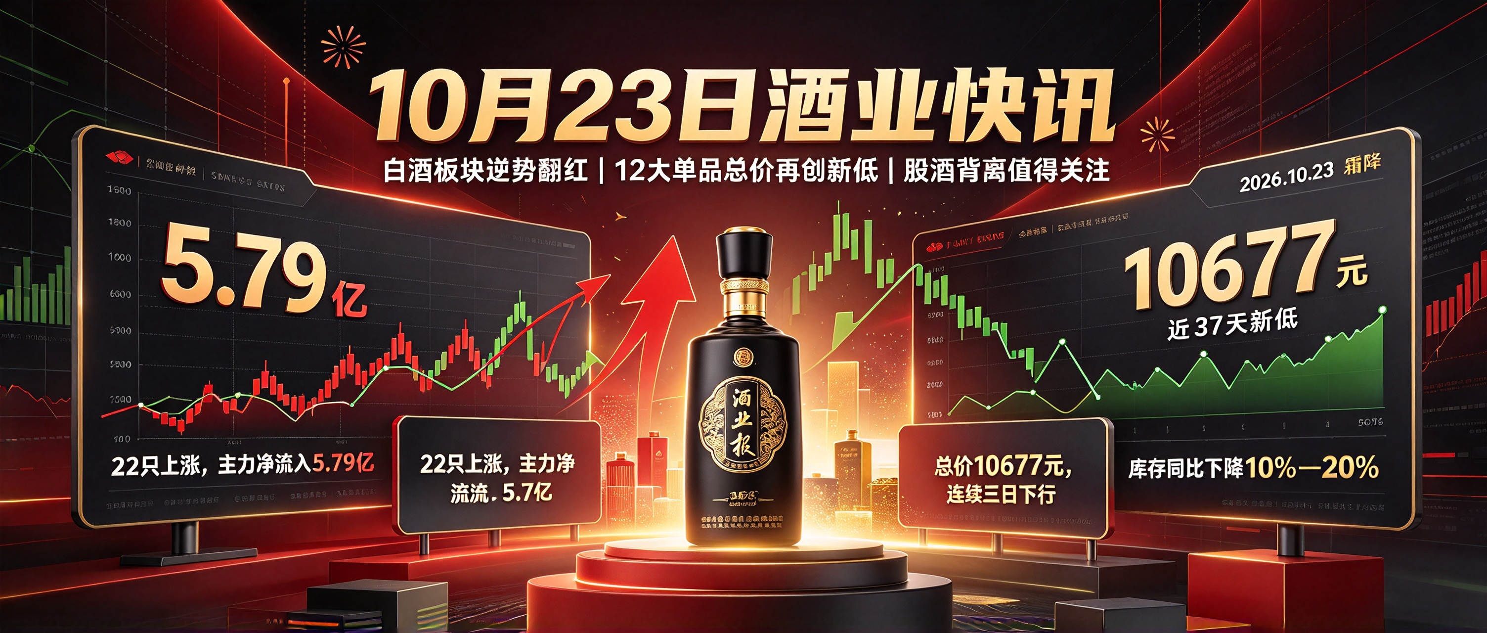 10月23日：‌逆势翻红！白酒板块今日22只上涨、主力净流入5.79亿，12大单品总价却跌到10677元创近37天新低｜买酒网酒业快讯
