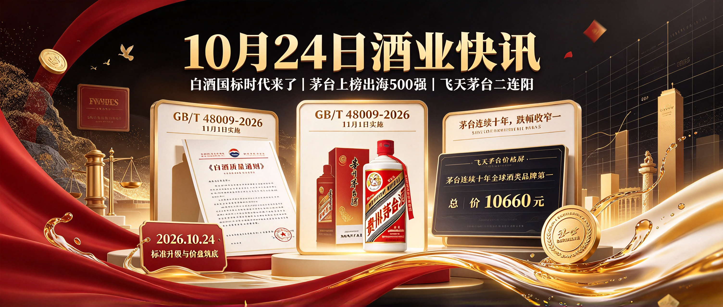 10月24日:白酒"国标时代"来了！11月1日首个全品类通用国标正式实施，茅台上榜出海品牌500强，12大单品跌幅收窄、飞天茅台二连阳｜买酒网酒业快讯