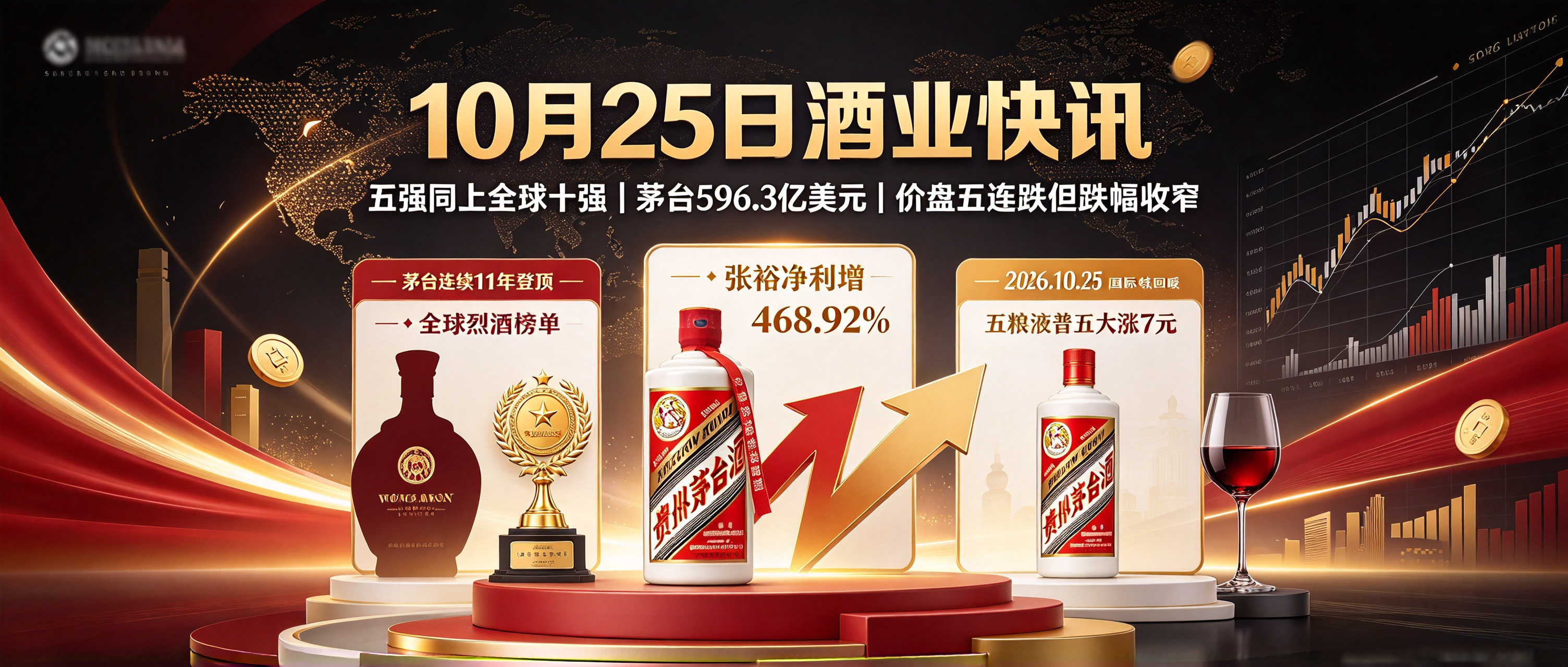 10月25日：茅台596.3亿美元蝉联全球烈酒第一！茅五汾泸洋五家中国白酒同上十强榜，张裕三季度净利暴增468.92%，12大单品五连跌创39天新低｜买酒网酒业快讯