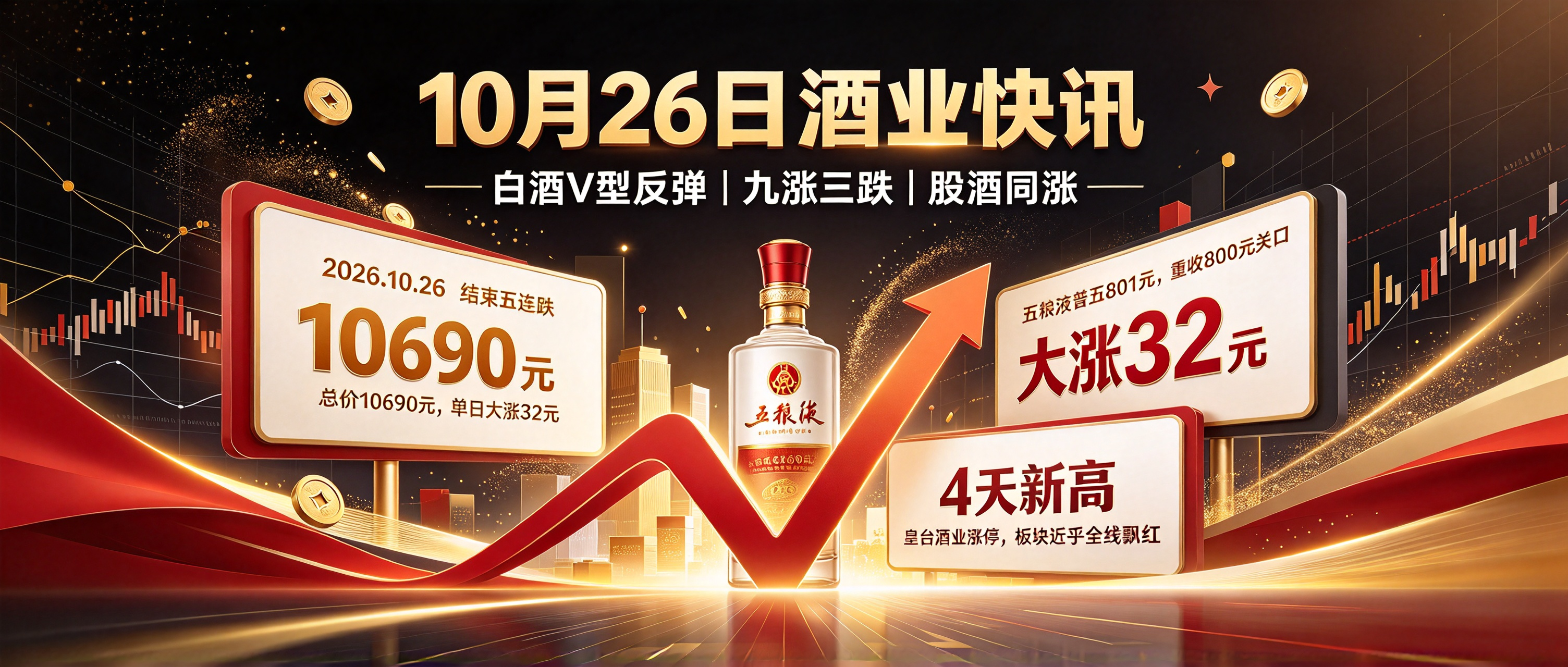 10月26日：白酒V型反弹！12大单品九涨三跌、总价10690元创4天新高，皇台酒业涨停、板块近乎全线飘红，茅台三季报本周揭晓｜买酒网酒业快讯