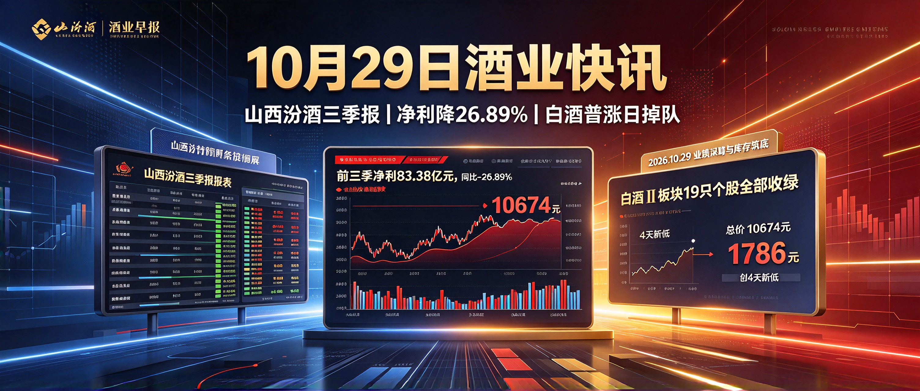 10月29日：‌山西汾酒三季报出炉！前三季净利83.38亿元、同比降26.89%，白酒股普涨日却成唯一"掉队"板块，12大单品总价10674元创4天新低｜买酒网酒业快讯