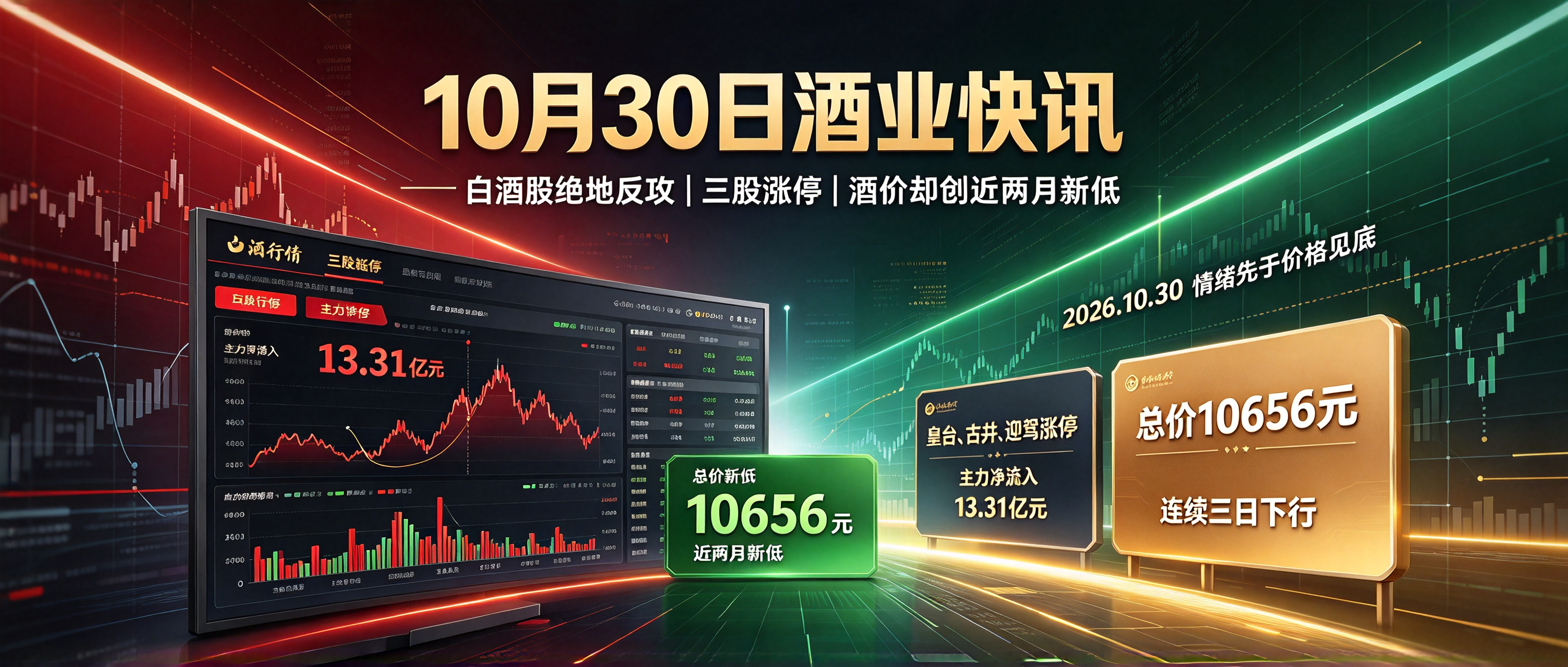 10月30日：白酒股"绝地反攻"！皇台酒业、古井贡酒、迎驾贡酒三股涨停，泸州老窖暴涨8.22%，12大单品总价10656元创近两月新低｜买酒网酒业快讯